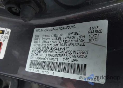 2016 Honda Cr-V Touring from USA, damaged, VIN 5J6RM4H99GL011779